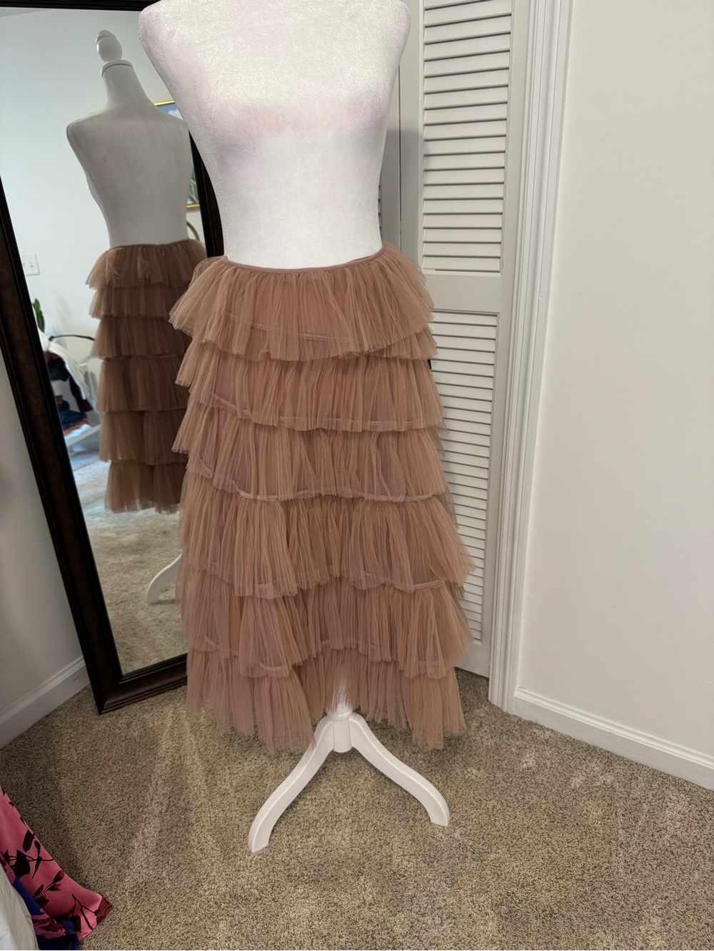 Tiered Tulle Midi Skirt in Dusty Rose Tan